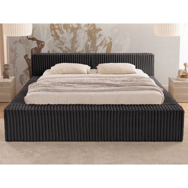 Črna oblazinjena zakonska postelja s prostorom za shranjevanje in z letvenim dnom 160x200 cm Cloe – Ropez-image-4