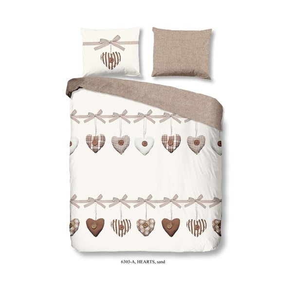 Bež in bela bombažna posteljnina za zakonsko posteljo Good Morning Hearts, 200 x 240 cm