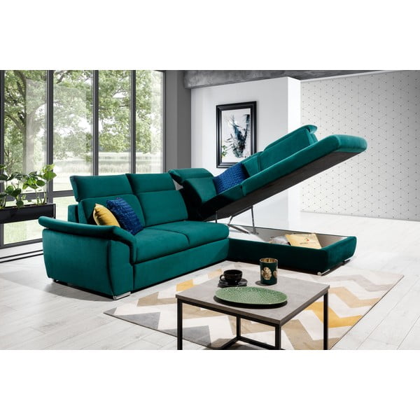 Zelena žametna raztegljiva/s prostorom za shranjevanje kotna sedežna garnitura (desni kot/v obliki črke L) Loreto – ELTAP-image-2