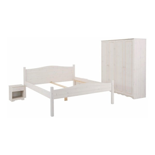 White 3 Piece Pine Wood Double Bedroom Set Støraa Maine
