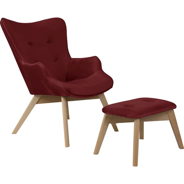 Rdeč žameten fotelj z naslonjalom za noge Niko – Ropez
