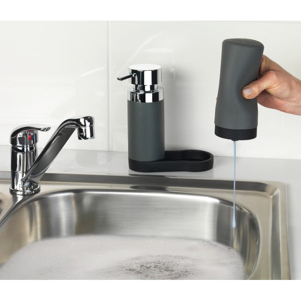 Komplet 2 sivih dozirnikov za detergent s podstavkom Wenko Squeeze, 250 ml-image-1