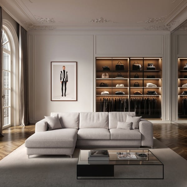 Svetlo siva raztegljiva kotna sedežna garnitura s prostorom za shranjevanje iz tkanine bouclé (levi kot/z ležalnikom) Rene – Rodier-image-1