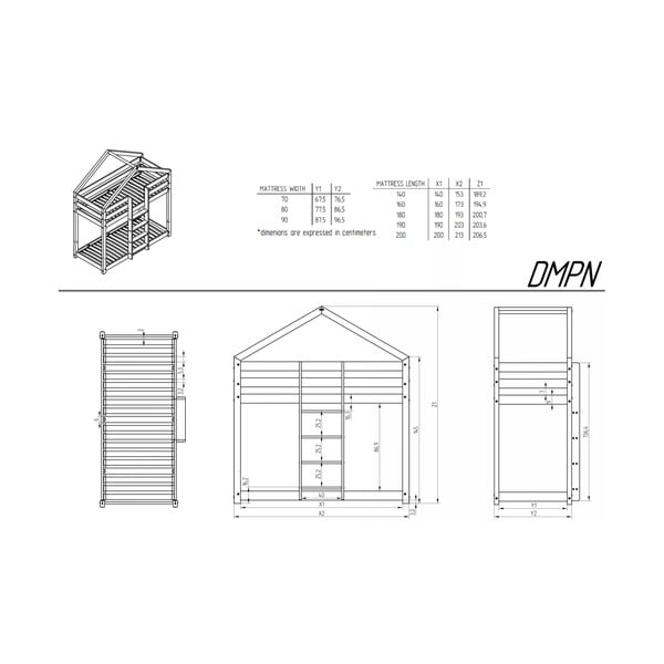 Otroška postelja v obliki hiške/pograd z letvenim dnom 90x180 cm v naravni barvi DMPN – Adeko-image-2