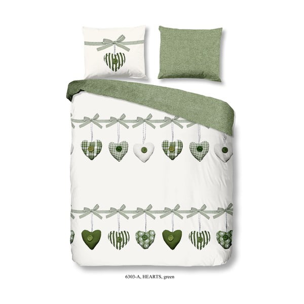 Zeleno-belo bombažno posteljnina Good Morning Hearts, 200 x 200 cm