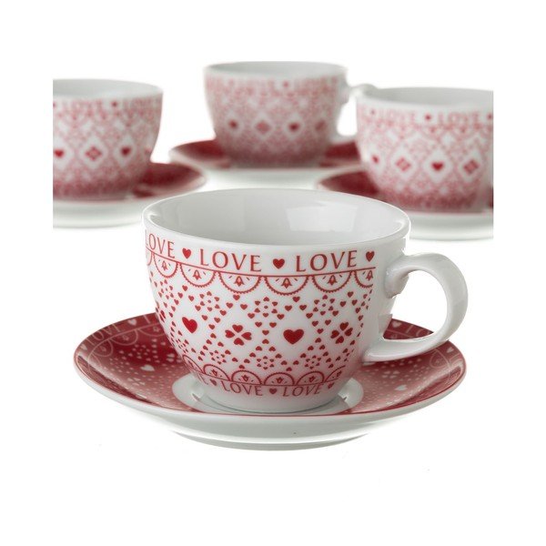 Rdeče-beli komplet 4 porcelanskih skodelic za čaj s stojalom Unimasa-image-3