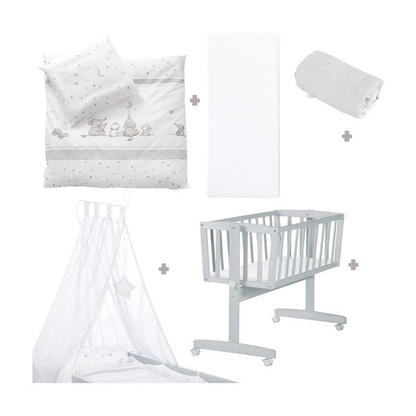 Siva zibelka na koleščkih in z ogrodjem za baldahin 40x90 cm Strenenzauber – Roba-image-2