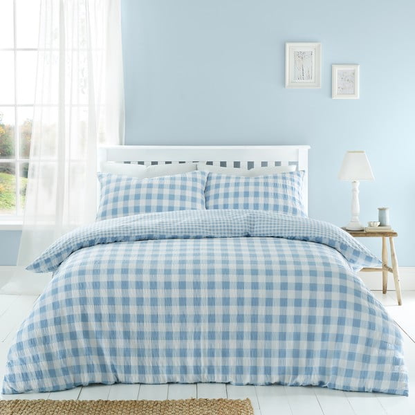 Modra posteljnina za zakonsko posteljo 200x200 cm Seersucker Gingham Check – Catherine Lansfield