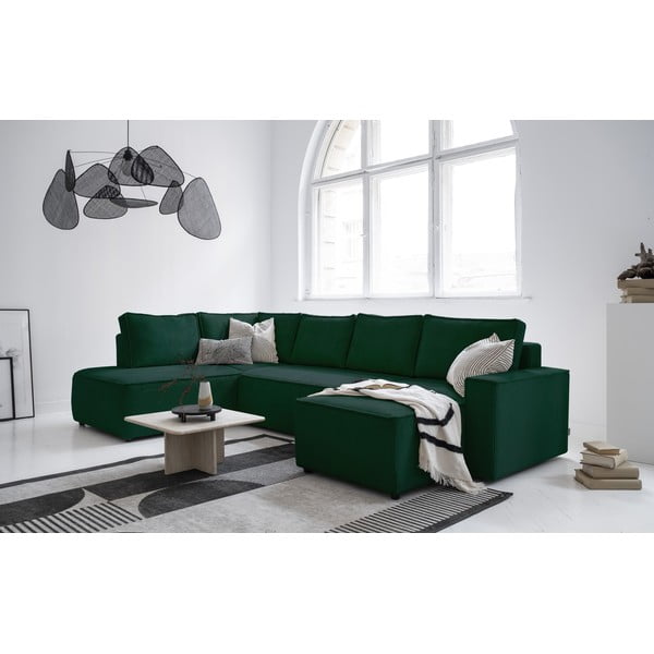 Temno zelena raztegljiva kotna sedežna garnitura iz rebrastega žameta (levi kot/v obliki črke "U") Brave Dave – Miuform-image-3