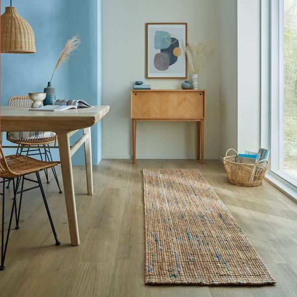 Ročno tkan tekač iz jute v naravni in modri barvi 60x230 cm Jute Boucle Blue – Flair Rugs-image-1