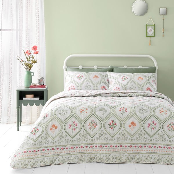 Zeleno/kremno belo pregrinjalo za zakonsko posteljo 220x230 cm Cameo Floral – Catherine Lansfield