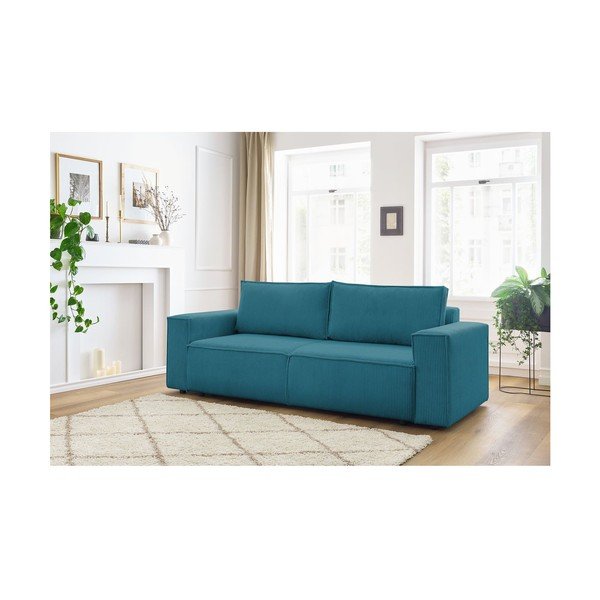 Turkizna raztegljiva sedežna garnitura iz rebrastega žameta 245 cm Nihad – Bobochic Paris-image-1