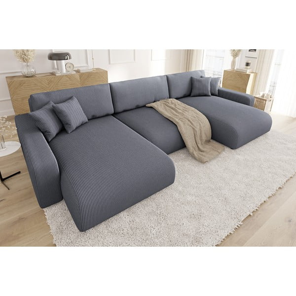 Temno siva raztegljiva kotna sedežna garnitura iz rebrastega žameta s prostorom za shranjevanje Sara – Ropez-image-3