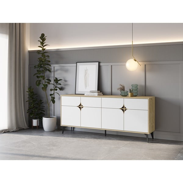 Bela/naravna nizka komoda v hrastovem dekorju 185x79 cm Nola – Marckeric-image-1