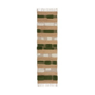 Ročno tkan tekač iz mešanice jute v naravni in zeleni barvi 60x230 cm Medina Blocks – Flair Rugs