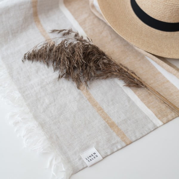 Bež lanena odeja za na plažo 140x170 cm Allure Stripe – Linen Tales-image-3
