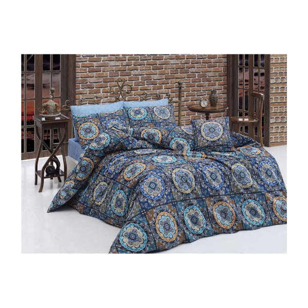 Modro bombažno posteljno perilo z rjuho za enojno posteljo Mandala, 140 x 200 cm