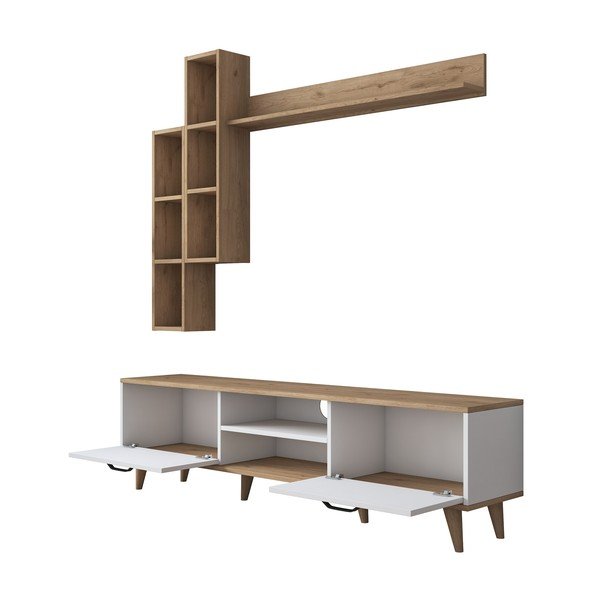 Televizijski komplet v orehovem dekorju v beli in naravni barvi 180x48 cm Veronica - Kalune Design-image-3