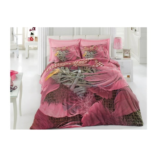 Roza bombažna posteljnina z rjuho za zakonsko posteljo Barbara, 200 x 220 cm