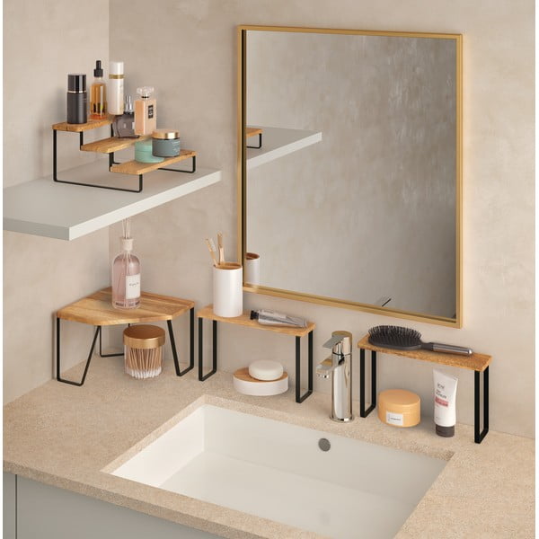 Mat črna/naravna lesena kotna dodatna kuhinjska polica 25x25 cm York – Metaltex-image-2