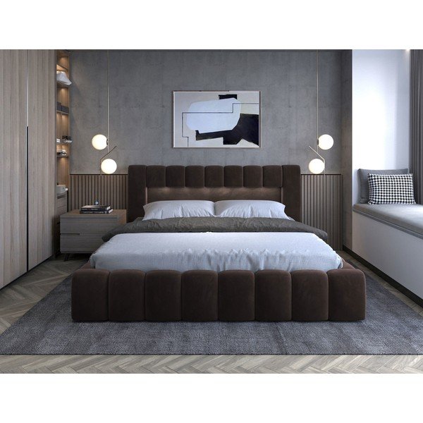 Temno rjava oblazinjena zakonska postelja s prostorom za shranjevanje in z letvenim dnom 140x200 cm Lamica – ELTAP-image-2