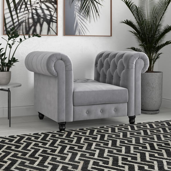Svetlo siv žameten Chesterfield fotelj Felix – Støraa-image-1
