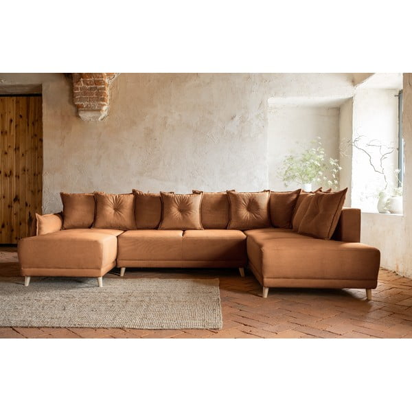 Opečnato oranžna raztegljiva kotna sedežna garnitura iz rebrastega žameta (desni kot/v obliki črke "U") Lazy Lukka – Miuform-image-1