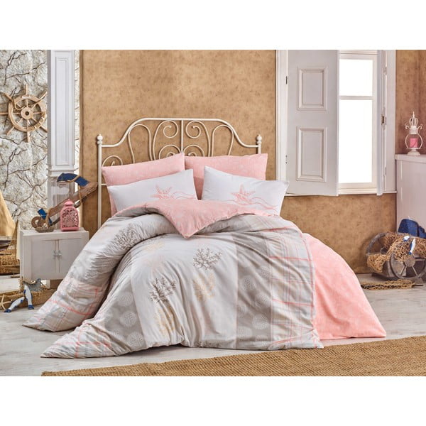Svetlo roza in kremno bela podaljšana bombažna posteljnina za zakonsko posteljo z rjuho in pregrinjalom 240x260 cm Fulvia - Mijolnir