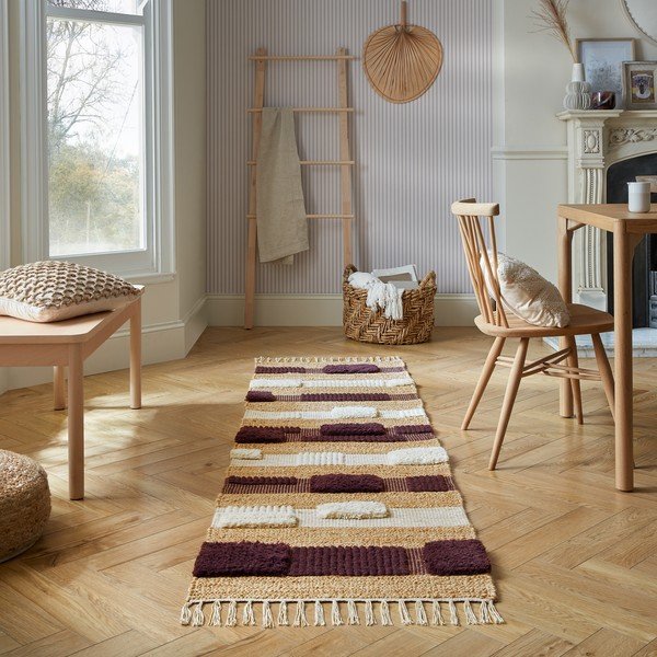 Ročno tkan tekač iz mešanice jute v naravni in vijolični barvi 60x230 cm Medina Blocks – Flair Rugs-image-1