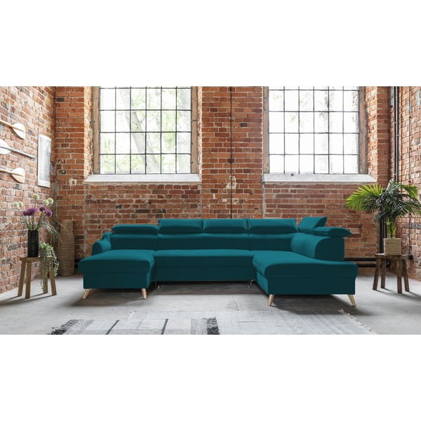 Turkizna žametna raztegljiva kotna sedežna garnitura (desni kot/v obliki črke "U") Sweet Harmony – Miuform-image-1