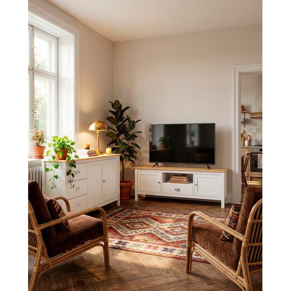 Bela/naravna TV omarica iz masivnega bora 158x53 cm Misti – Marckeric-image-1