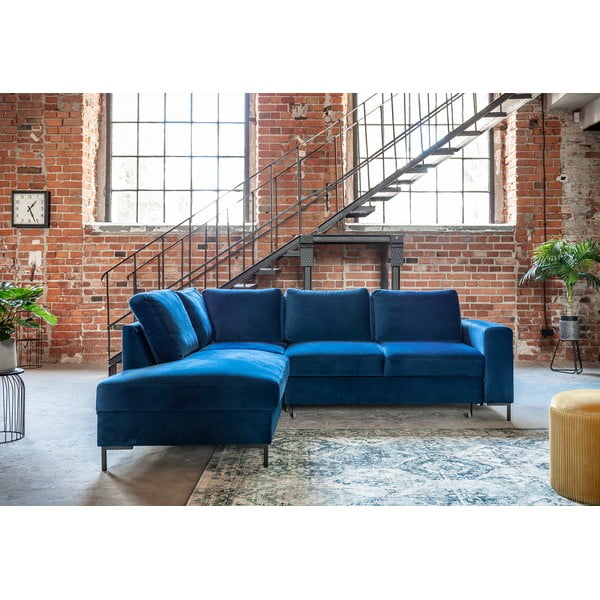 Temno modra žametna raztegljiva kotna sedežna garnitura (levi kot) Lofty Lilly – Miuform-image-1