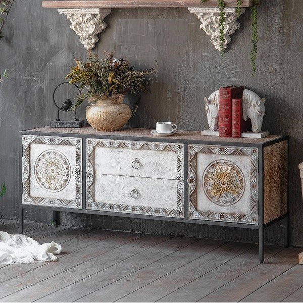 TV omarica iz masivne jelke v naravni barvi 135x55 cm Jaipur – Burkina-image-1