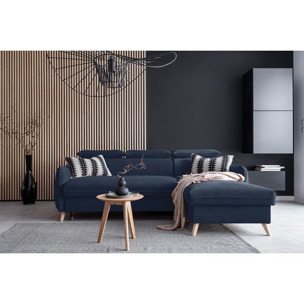 Temno modra žametna raztegljiva kotna sedežna garnitura (desni kot) Sweet Harmony – Miuform-image-1