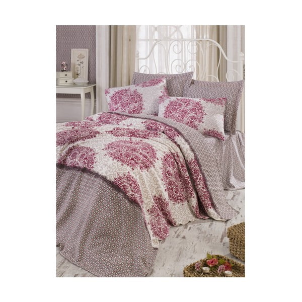 Rožnato bombažno pregrinjalo za zakonsko posteljo s prevlekama za vzglavnik Roma Fuchsia, 200 x 235 cm