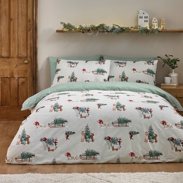 Zelena/v naravni barvi flanelna posteljnina za zakonsko posteljo 200x200 cm Brushed Christmas Dogs – Catherine Lansfield