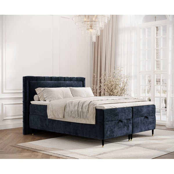 Temno modra boxspring postelja s prostorom za shranjevanje 160x200 cm Voyage – Maison de Rêve-image-1