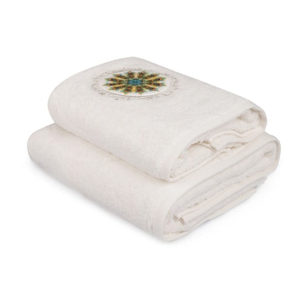 Komplet bele brisače in bele kopalne brisače s pisanimi podrobnostmi Paon