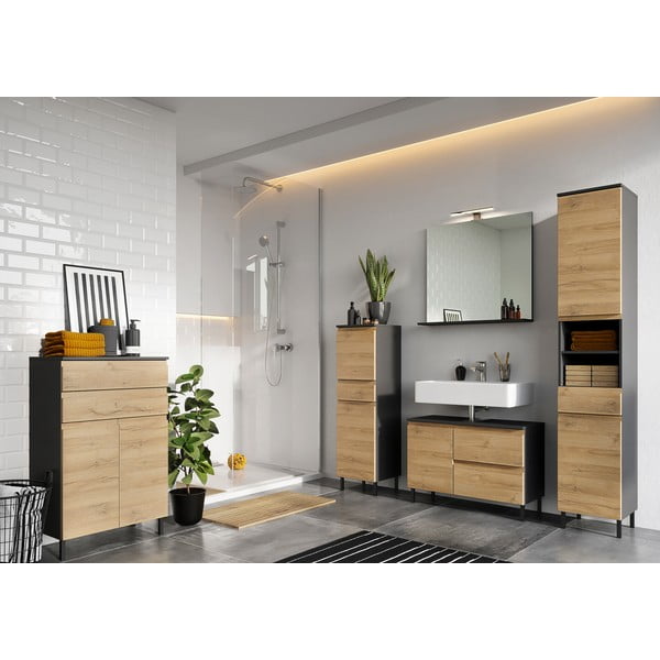 Temno siva visoka kopalniška omarica v hrastovem dekorju 34x120 cm Salinas - Germania-image-4