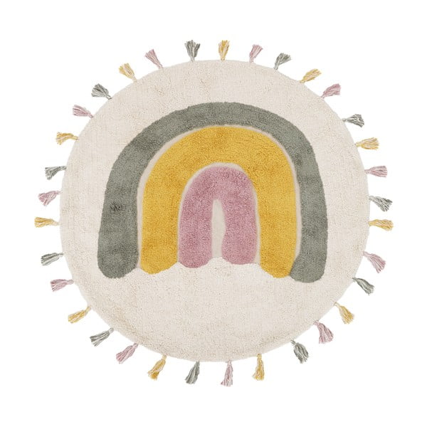 Kremno bela pralna ročno tkana bombažna otroška preproga ø110 cm Rainbow Moss – Nattiot