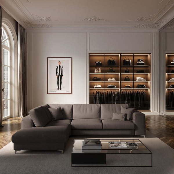 Sivorjava žametna raztegljiva kotna sedežna garnitura s prostorom za shranjevanje (levi kot/v obliki črke L) Rene – Rodier-image-1