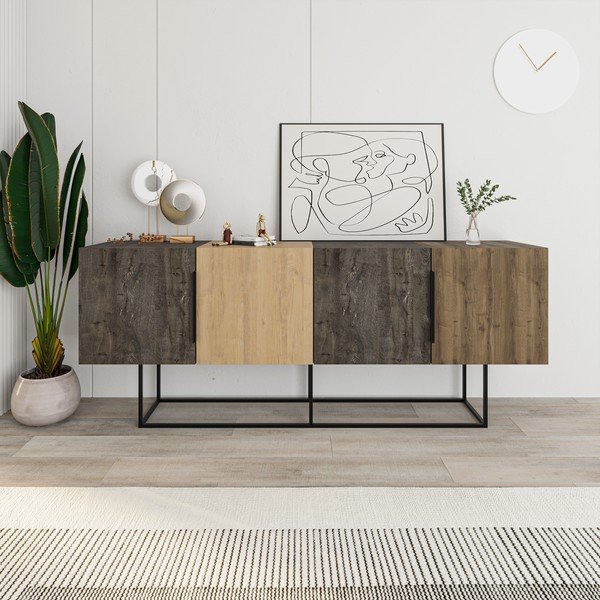 Rjava/naravna nizka komoda v hrastovem dekorju 200x80 cm Titan – Marckeric-image-4