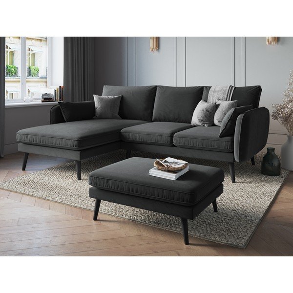 Temno siva žametna kotna sedežna garnitura s črnimi nogami Kooko Home Lento, levi kot-image-1