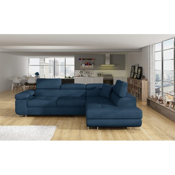 Modra žametna raztegljiva/s prostorom za shranjevanje kotna sedežna garnitura (desni kot/v obliki črke L) Anton – ELTAP-image-1