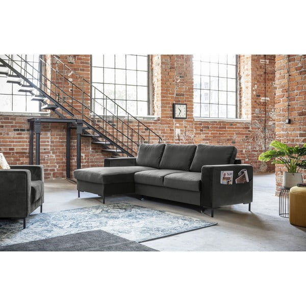 Temno siva žametna kotna raztegljiva sedežna garnitura Miuform Lofty Lilly, levi kot-image-3