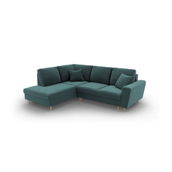Modrozelena žametna raztegljiva kotna sedežna garnitura s prostorom za shranjevanje (levi kot/v obliki črke L) Kyoto – Cosmopolitan Design-image-1