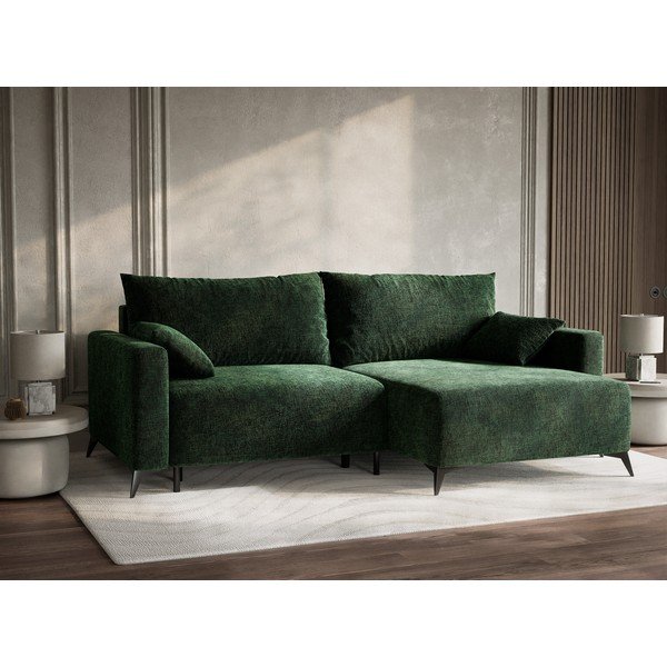 Temno zelena raztegljiva/s prostorom za shranjevanje kotna sedežna garnitura iz šenilje (desni kot/z ležalnikom) Leon – Maison de Rêve-image-4