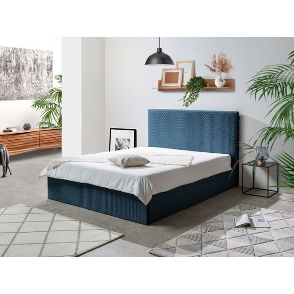 Temno modra oblazinjena zakonska postelja s prostorom za shranjevanje in letvenim dnom 160x200 cm Adele - Bobochic Paris-image-1