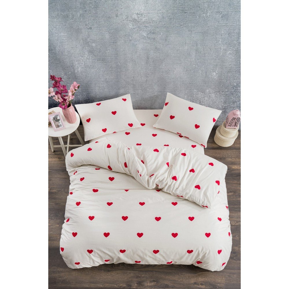 Kremno bela posteljnina za zakonsko posteljo/podaljšana iz renforce bombaža z rjuho/4-delna 200x220 cm Mini Hearts