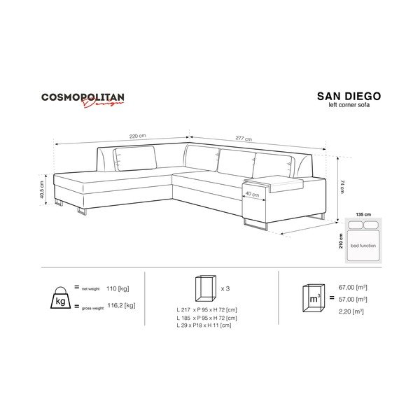 Cosmopolitan Design San Diego siva raztegljiva sedežna garnitura, levi kot-image-2